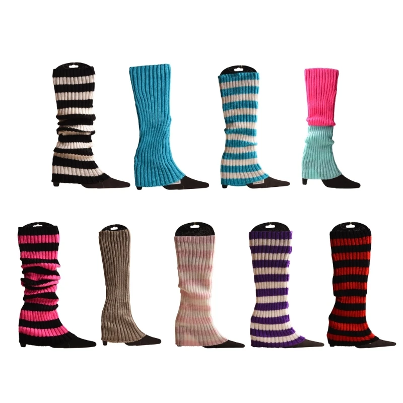 

Womens Fall Winter Warm Colorful Striped Leg Warmers Ribbed Knitted Stretchy Long Boots Socks Foot Covers Streetwear