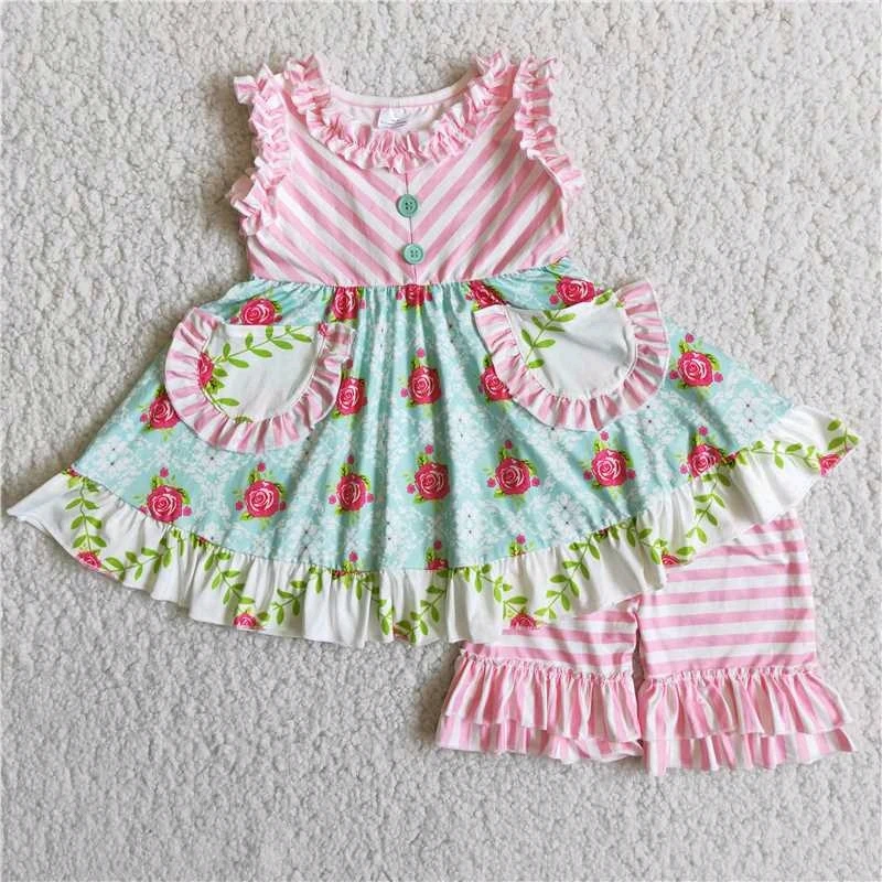 

Летний комплект из двух предметов для маленьких девочек, футболка с цветочным рисунком в полоску и шорты