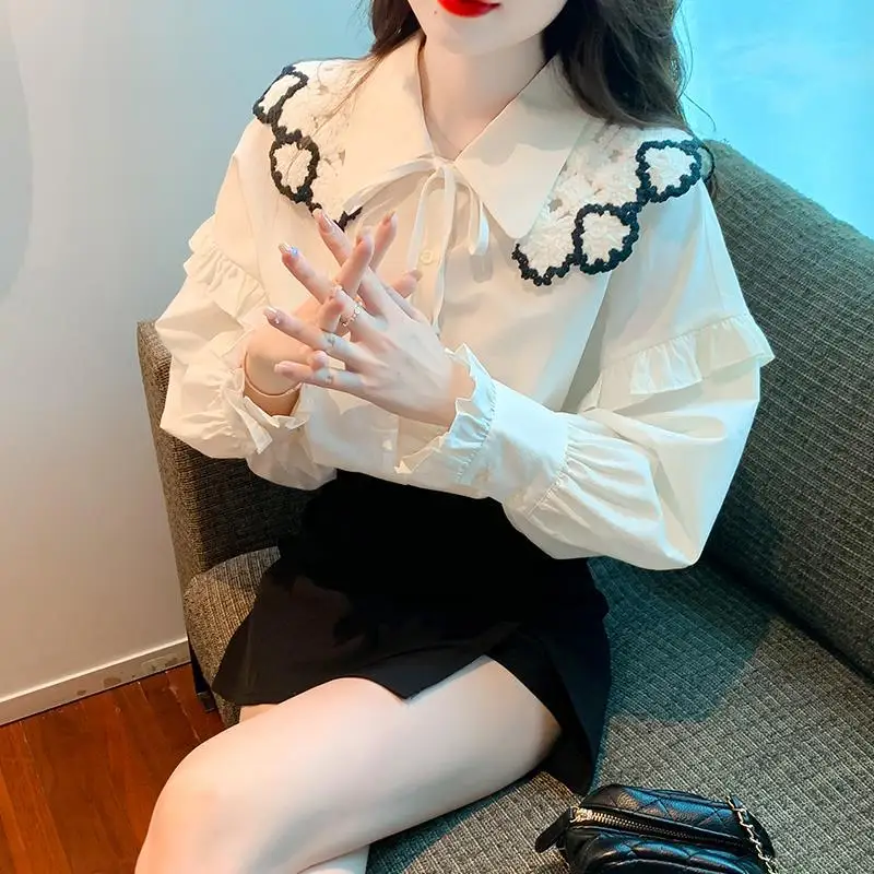 

Lace Shawl Lace-up Turn-down Collar Shirt Women 2023 Spring Fashion Ruffle Long Sleeve Loose White Blouse Office Lady Formal Top