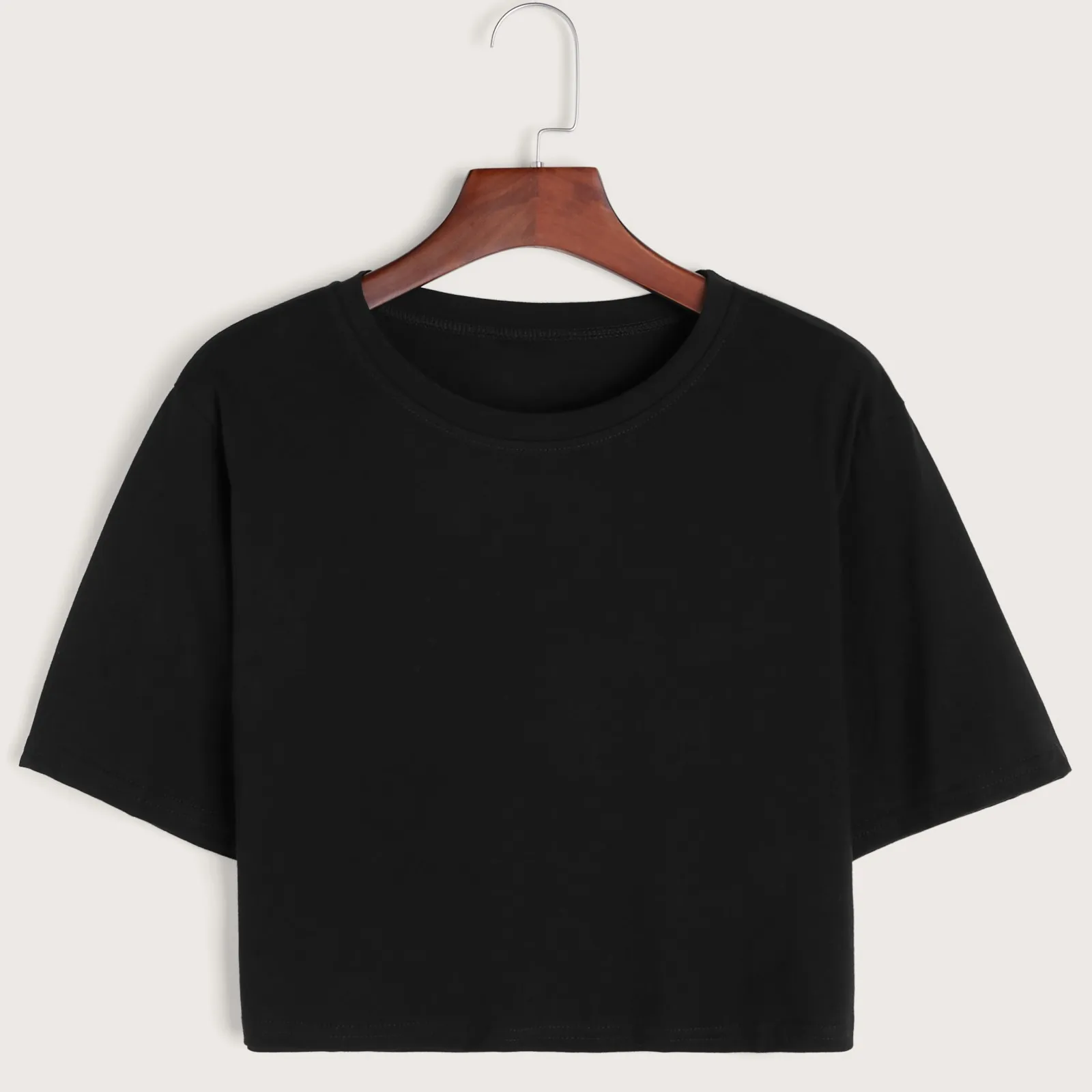 

Black Crop Top T-Shirt Female Solid Cotton O-Neck Short Sleeve Shirts for Women High Waist Loose Short Sport Femme Clothes