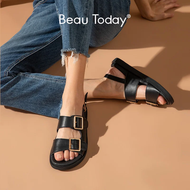 

Sandals Women Genuine Cow Leather Metal Detailed Ankle Buckle Strap Summer Beach Ladies Low Heel Shoes Handmade 38128