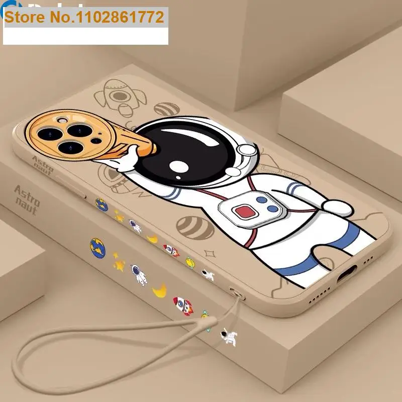 

Cute Astronaut Liquid Silicone Case For iPhone 11 12 13 Pro Max 11 XR X XS Max 8 7 6 6S Plus SE2 Mini Fashion Soft Lanyard Cover