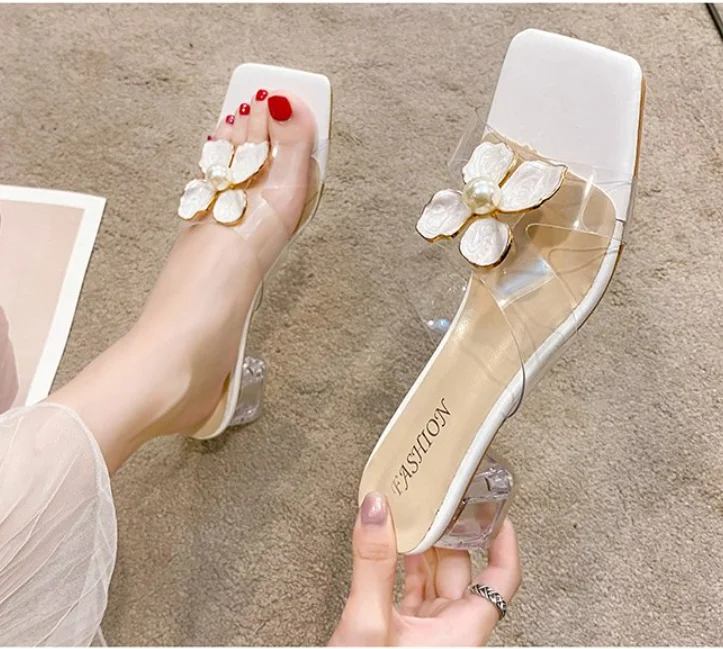 

Шлепанцы женские на квадратном каблуке, повседневные сандалии без задника, прозрачные, с цветочным принтом, Роскошные туфли на высоком кабл...