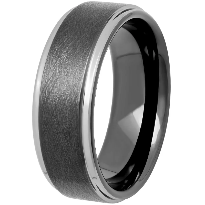 

Men's Black Two-Tone Tungsten Frozen Finish Step Edge 8MM Wedding Band - Men's Ring