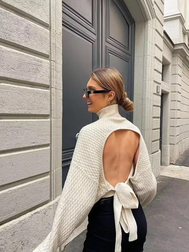

Women's Sweater Pullover Sexy Backless Lace Up Turtleneck Long Sleeve Loose Elegant Autumn Chic Casual Knitwear Woman Clothing