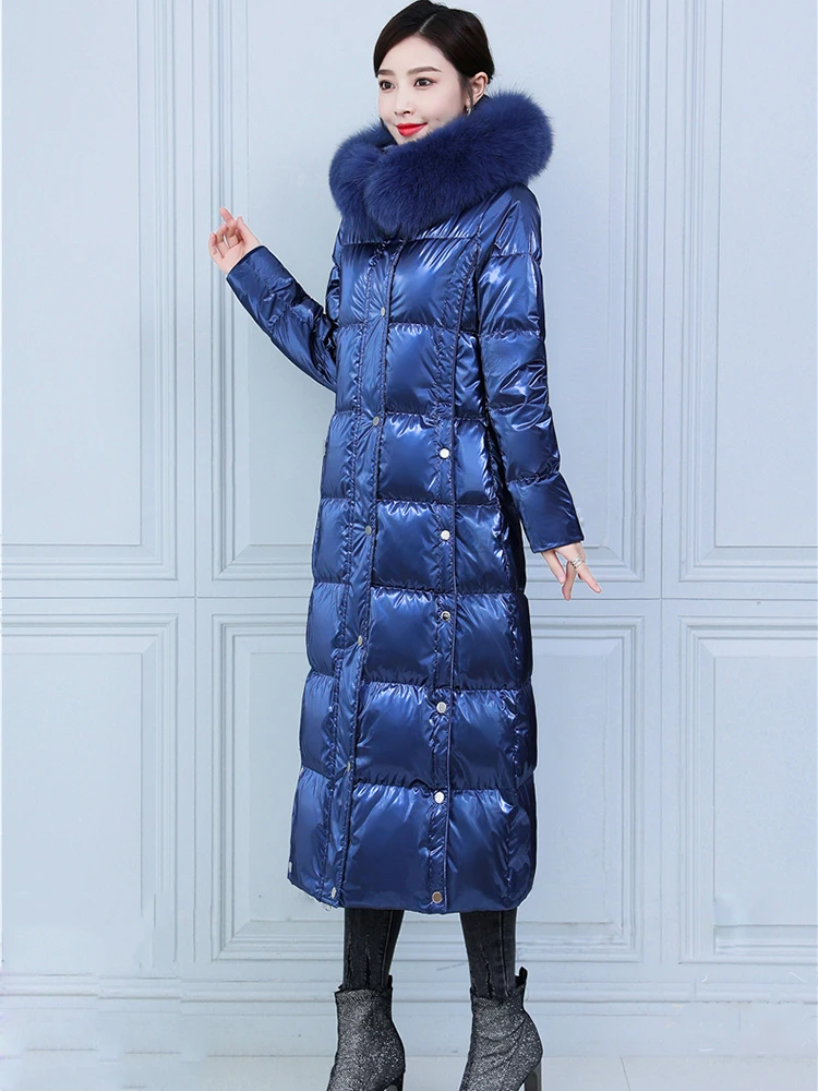 New Women Wash Free Glossy Surface Down Coat Fashion Hooded Real Fox Fur Collar Thicken Warm Long Loose White Duck Down Overcoat