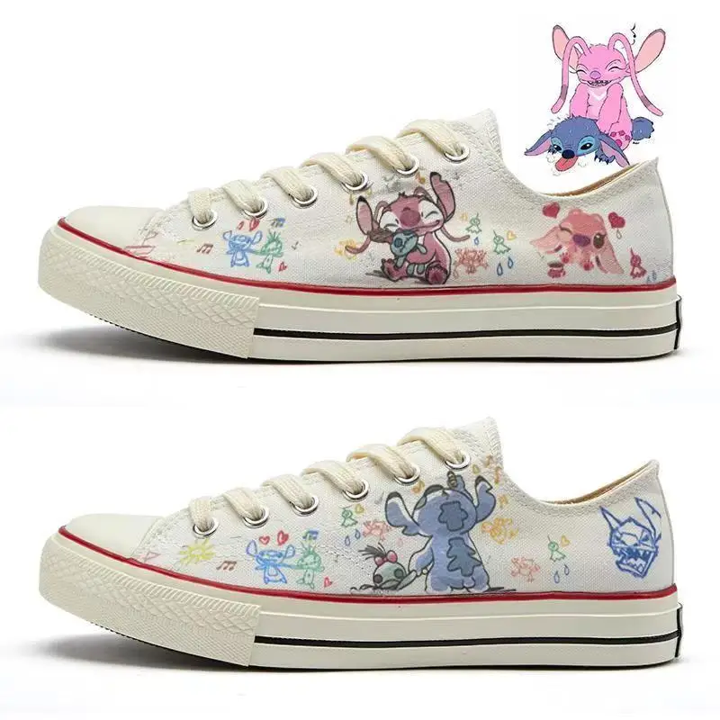Disney Stilson Co-branded Hand-painted Valentine's Day Gift For Men Women Couples Small White Print High And Low Canvas shoes