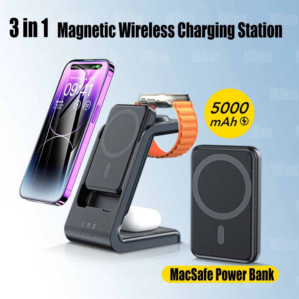 

3 In 1 Magnetic Power Bank PD20W 15W Wireless Charger Station External Auxiliary Battery For Mag-Safe iPhone 14 13 Apple Watch