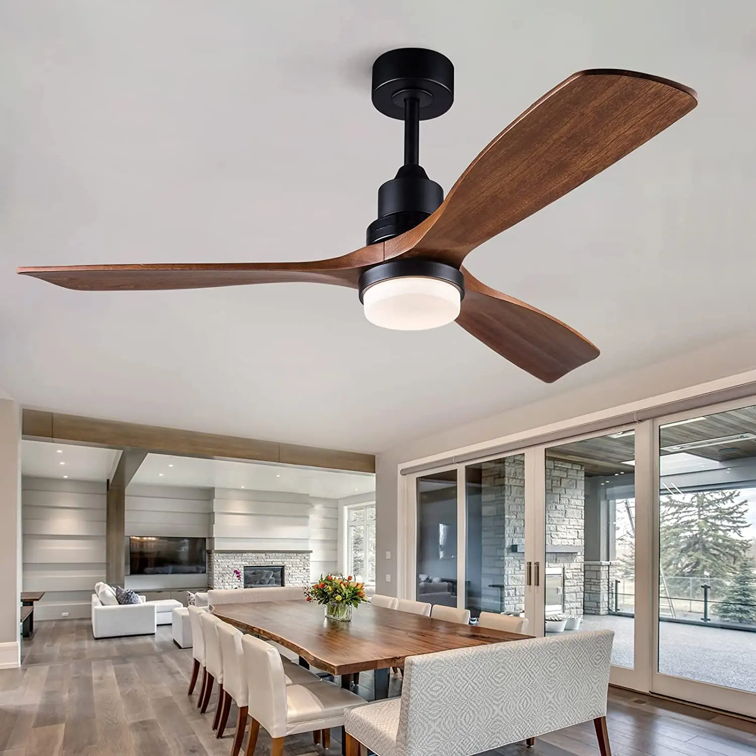 

Industrial Smart Ceiling Fans Black 42/52Inch Bedroom Dining Room Wooden Pendant Fan Remote Control 35W