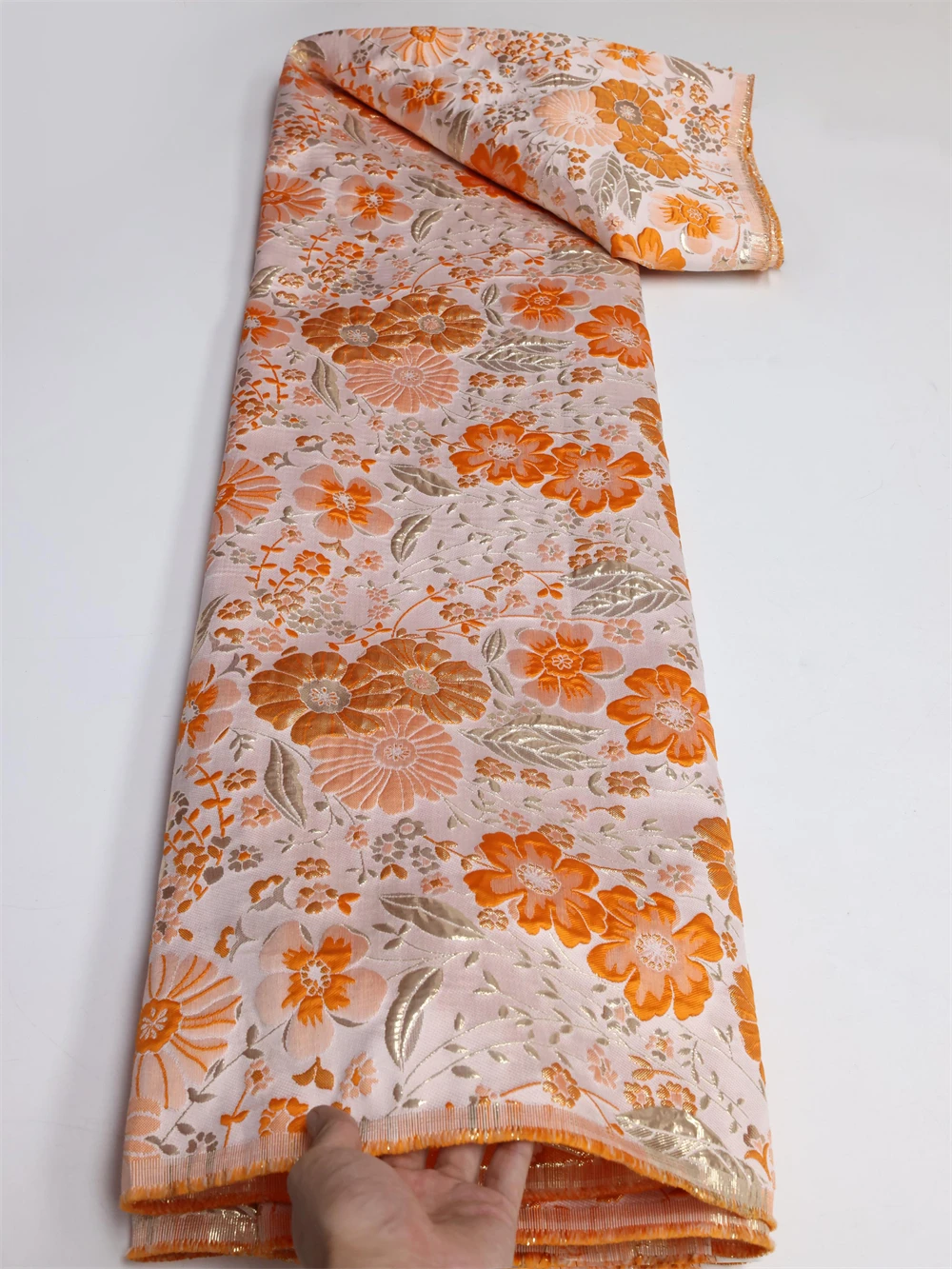 

Orange Brocade Lace Fabric with new material African Jacquard Lace Fabric High Quality Nigerian French Tulle Lace Fabric LY1106