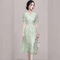 womens summer new high end temperament korean v neck lantern sleeve fashion light luxury celebrity organza jacquard dress