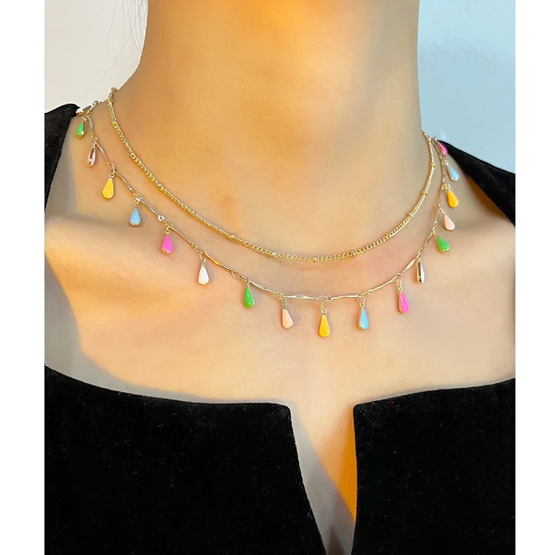 

Boho Colored Waterdrop Pendant Necklace Ladies Fashion Stacked Tassel Clavicle Chain Anklet Charm Jewelry