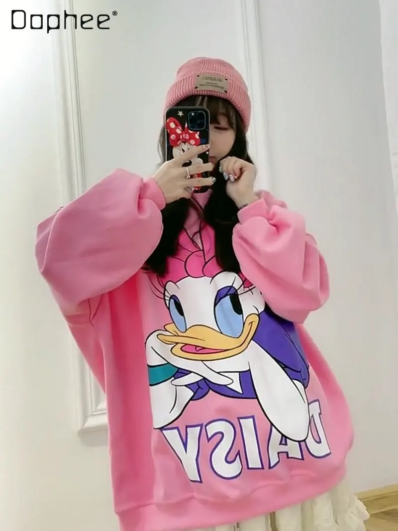 

Autumn New Korean Style Loose Cartoon Printed Hoodies Top Sweet Pink Female Student Pullover All-Matching Sweatshirt Female