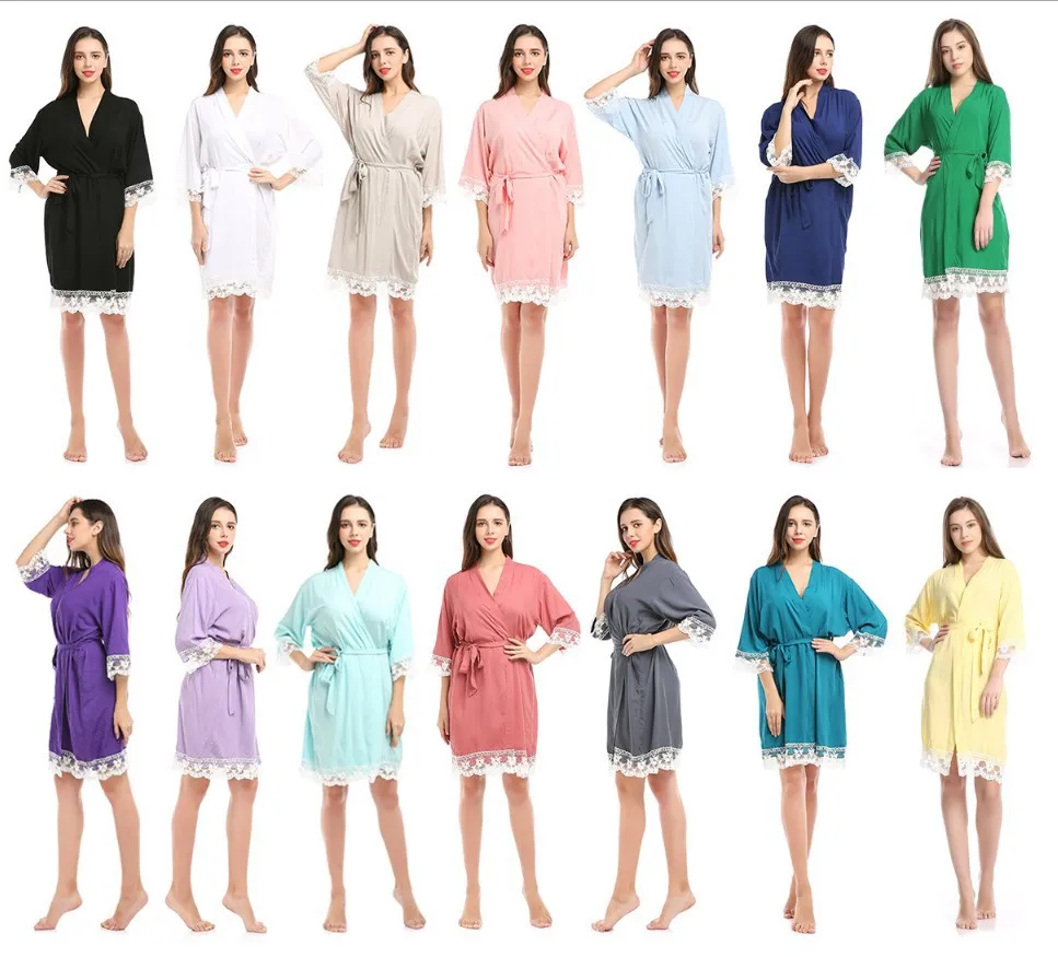 

New spring and autumn women's sexy bridal solid color pajamas, V-neck cotton nightgown lace women's bathrobe