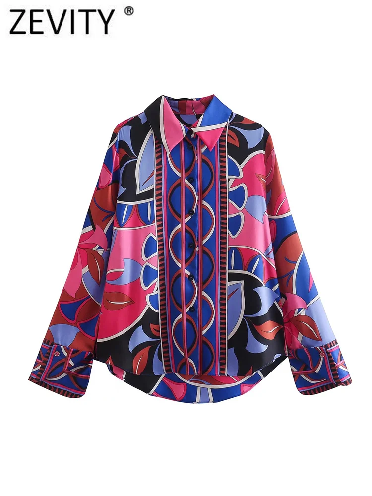 Zevity Женская винтажная блузка контрастных цветов с геометрическим принтом