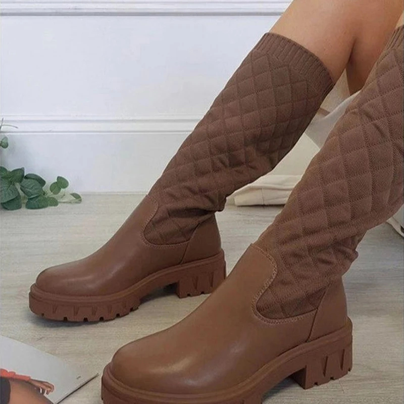 

Women Boots Mid-Calf Martin Boots 2022 Autumn Winter Fashion Warm Female Stretch Cotton Fabric Slip-on Boots Flat Shoes Woman