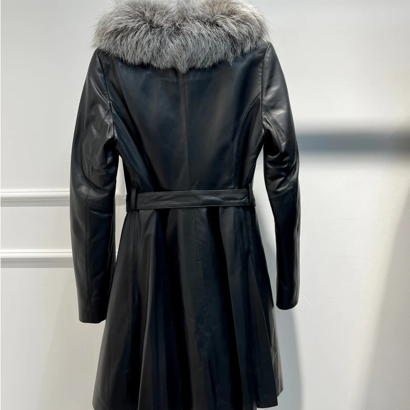 Sheepskin Luxury Long Leather Ladies Black Jacket New 2022 Winter Collection Vintage Warm Coat with Belt for Women