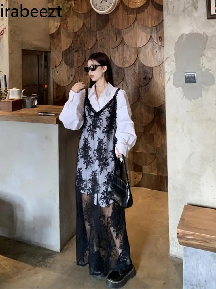 Женское длинное платье на бретельках черное большого размера с вышивкой и модным