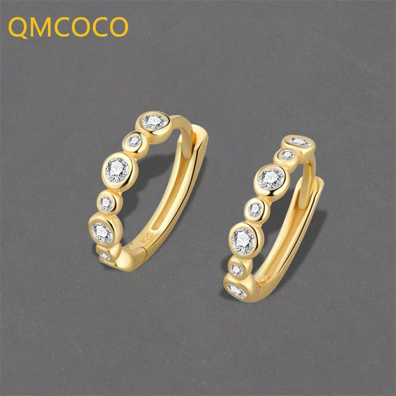 

QMCOCO Silver Color Korean Trend Simple Round Zircon Hoop Earrings For Woman Fine Jewelry Daily Accessories 2022 Trendy Gifts