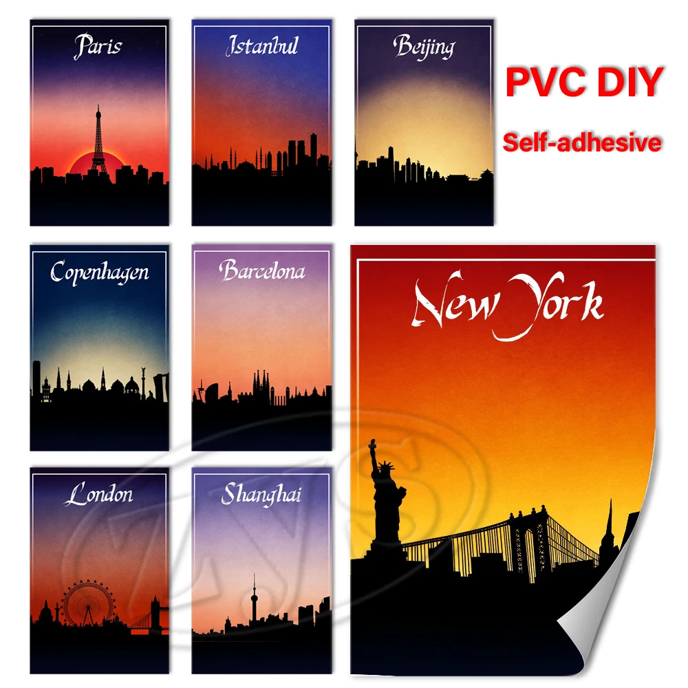 

Home Decor Sunset Glow DIY Wallpaper Romantic Skyline PVC Self-adhesive Building Painting Wall Art Poster Picture For Bedroom