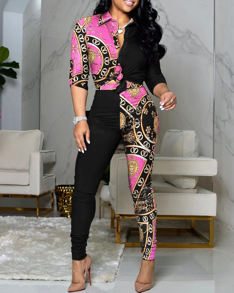 

Printed Stitching Lapel Full Sleeve Top Shirt Fashion 2022 Fall Women's Blouses Slim Long Tights Pants Two Piece Set Clothing
