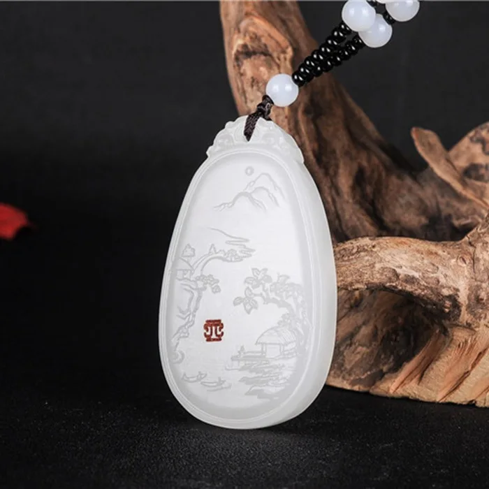 Natural real white jade carved landscape pendant chinese necklace charm jewellery fashion amulet for men women lucky gifts