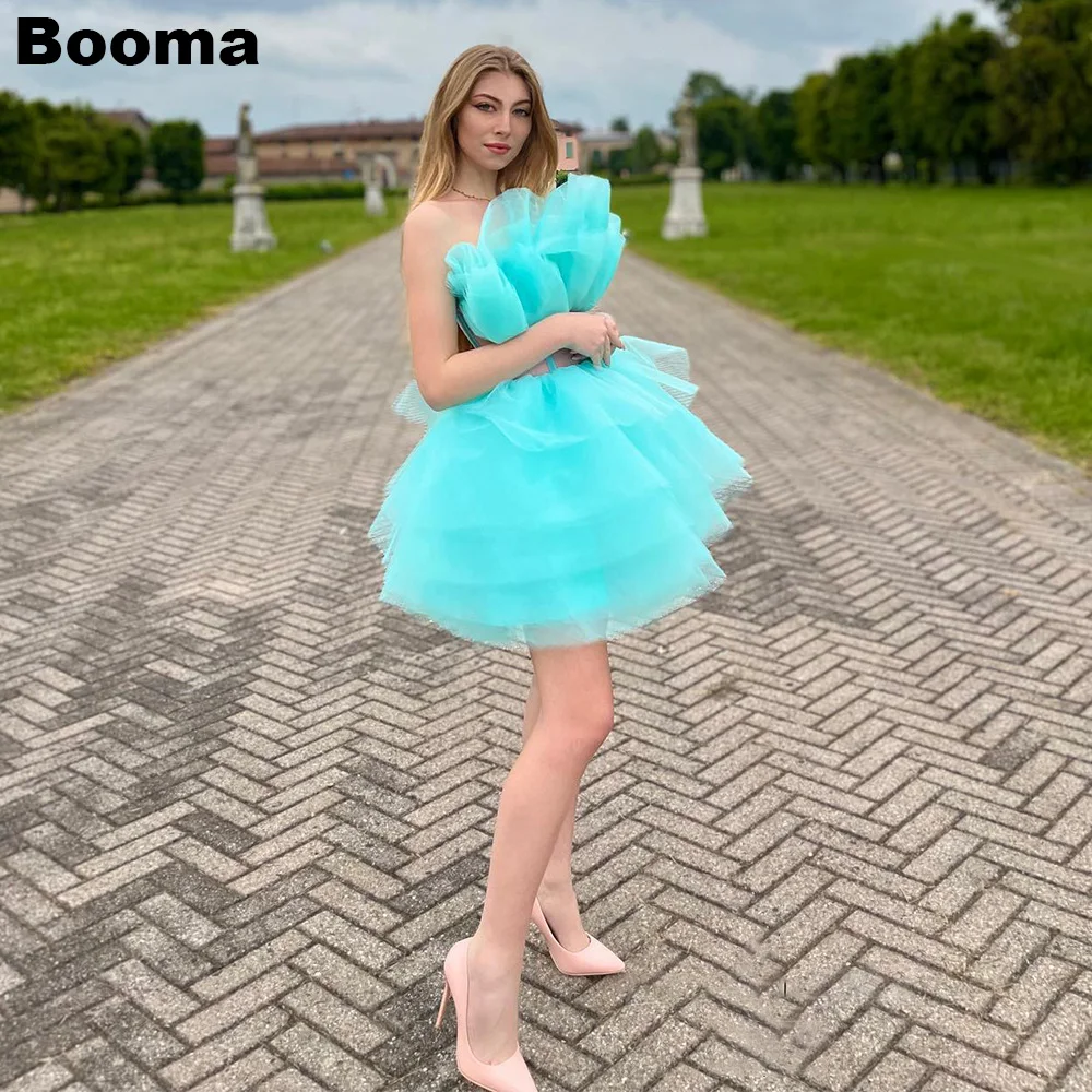 

Booma Sky Blue Mini Prom Dresses Strapless Tiered Tulle Boning Corset Cocktail Dresses Party Events Gowns Club Night Wear 2023