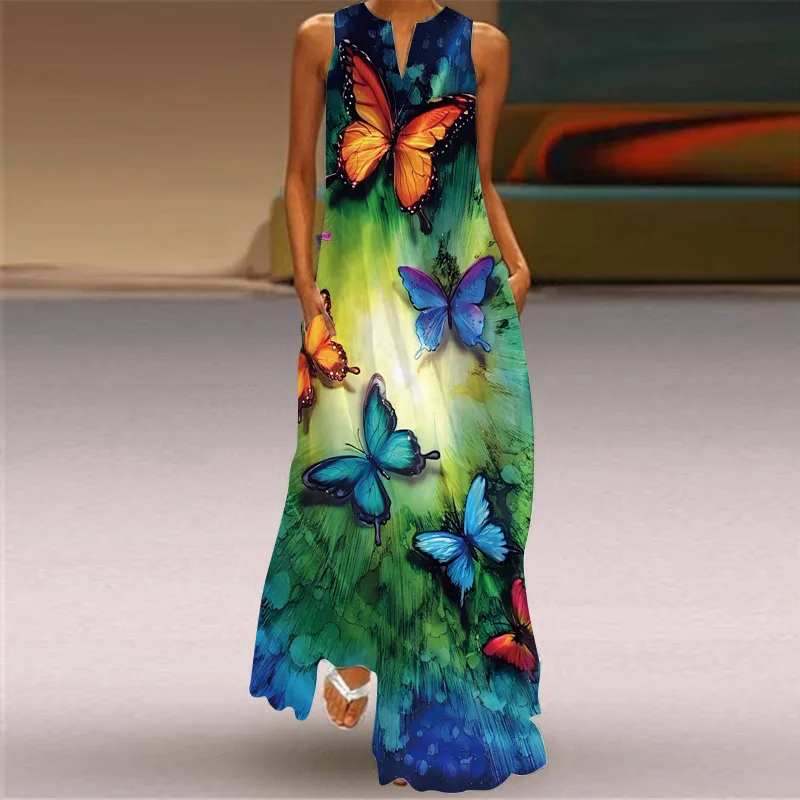 Summer Women's Dress Unique Beautiful Print V-Neck Sleeveless Tank Top 2023 New Elegant Casual Comfortable Retro Long Dress
