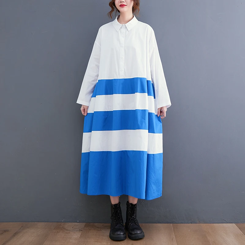 

SuperAen 2022 Spring Autumn New Loose Plus Size Splicing Commuting Art Long Casual Shirt Dresses for Women