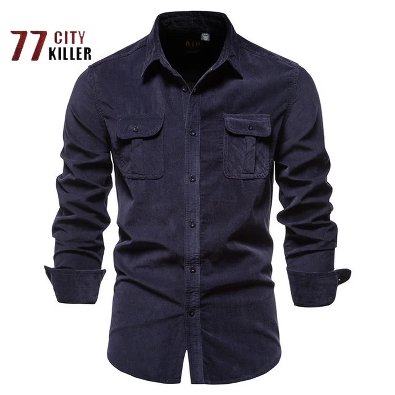 Men's Corduroy Brand Solid Color Casual Fashion Long Sleeve Shirts Chemise Homme