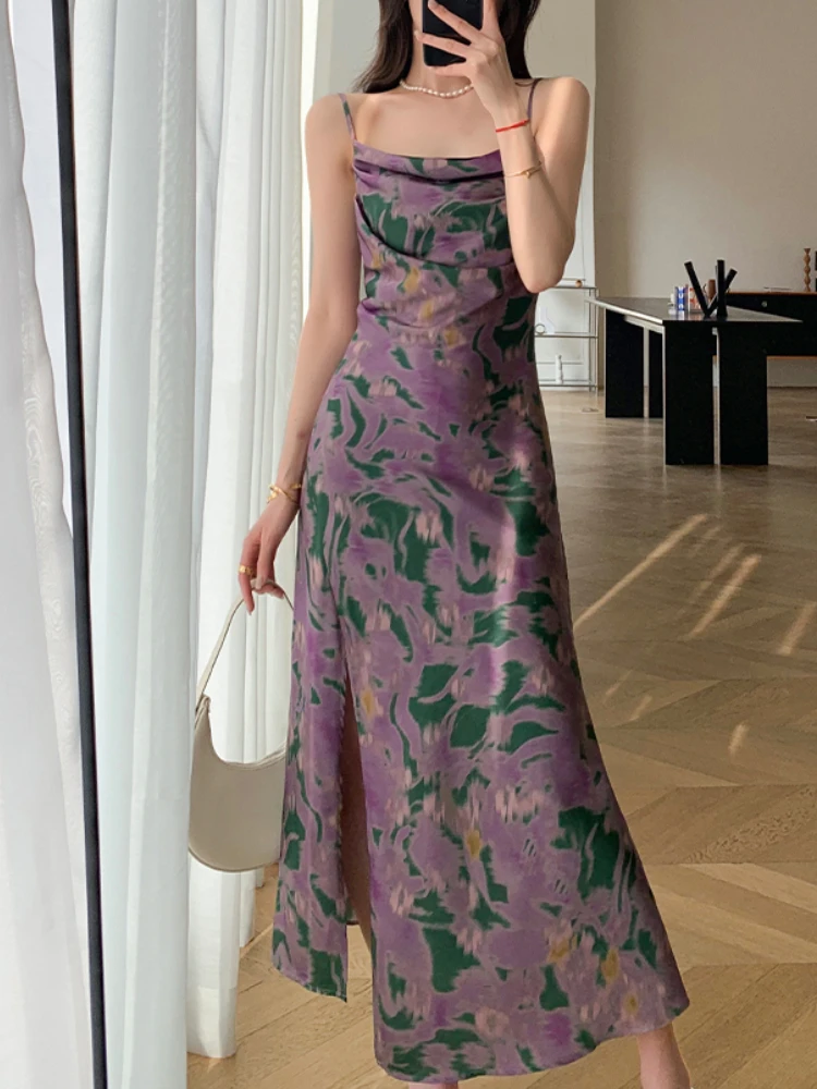 

Summer Sexy Vintage Spaghetti Strap Women Dress High Quality Elegant Floral Purple Slim Maxi Party Beach Vestidos Female Mujers