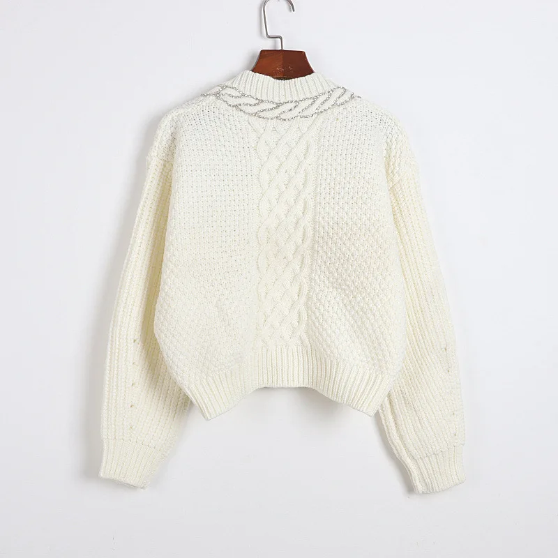 Heavy-duty Diamond-studded Chain Bubble Long-sleeved Knitted Cardigan 2022 Autumn New Women French Round Neck Loose Sweater