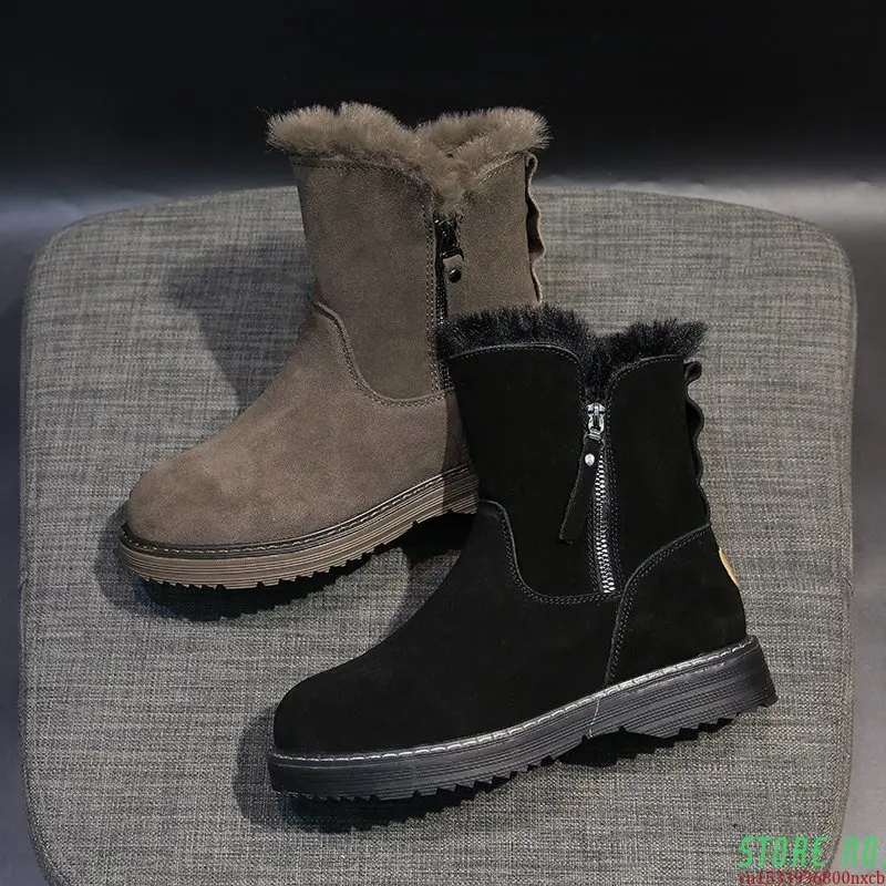 

New Ankle Boots Women Zip Flat Leather Short Plush Winter Shoes Women Warm Ladies Boots Ankle Sewing Fashion Black Shoes Woman