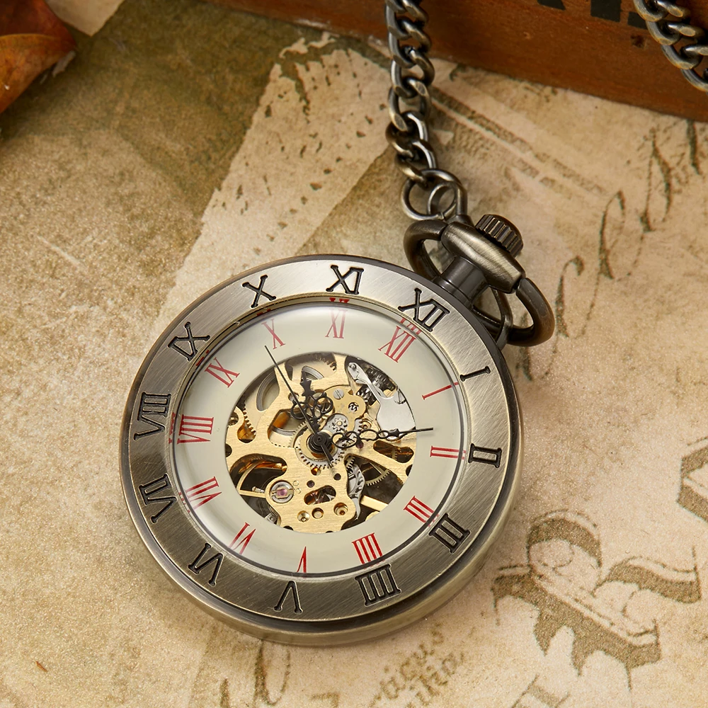 Bronze Vintage Mechanical Pocket Watch Men Roman Dial Fob Chains Skeleton Steampunk Clock Antique Pendant Necklace reloj hombre