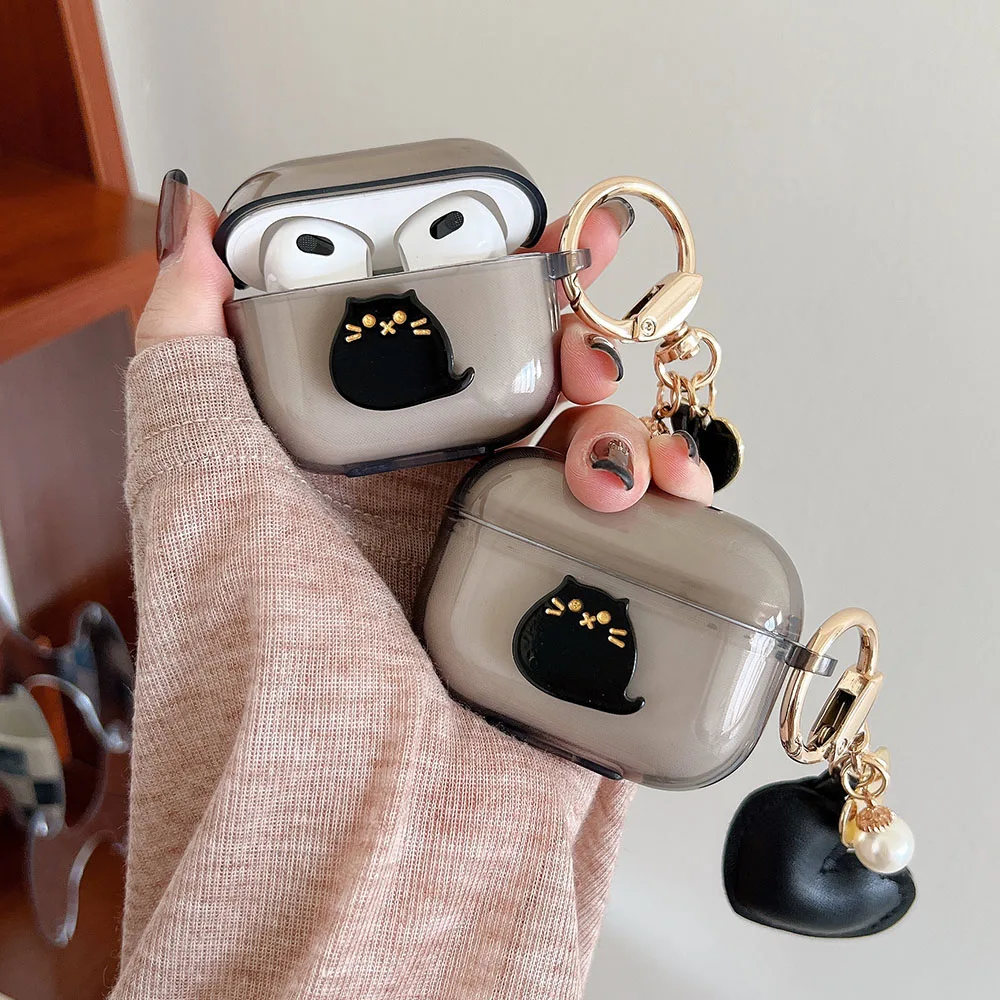 

Прекрасный мультяшный прозрачный чехол для наушников с черным котом и жемчужным брелком в виде сердца для Apple Airpods 3 2 1 Pro, зарядная коробка, с...