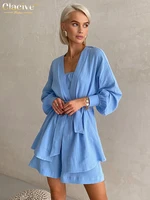 clacive casual loose blue cotton shorts set female sexy tube top lace up long sleeve robes home 3 piece sets womens outifits