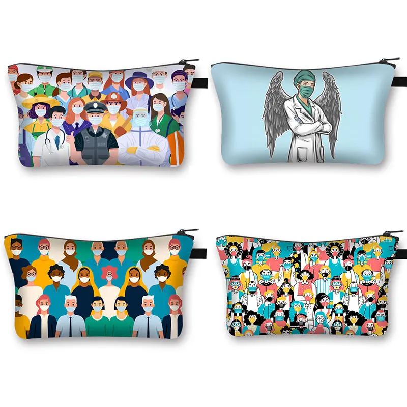 

Beautiful Hero Nurses Wear Masks Women Cosmetic Bag People Wear Masks Girls Makeup Bags Portable Ladies Travel Storage Bag