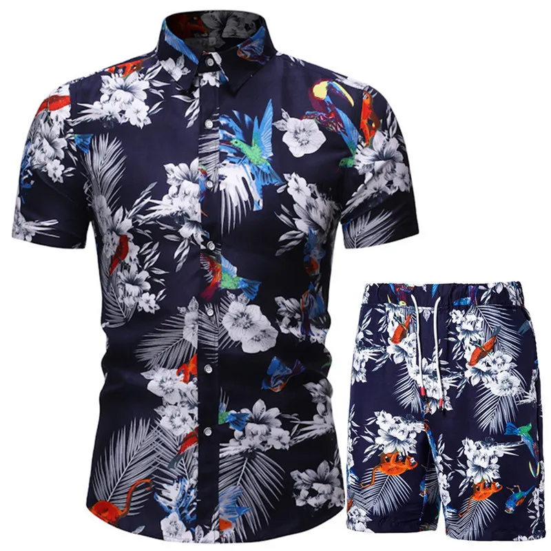 

Men Clothes Set Summer Mens Punk Rock Party Suit Mens Club Beach Track Suits 2022 Boardshorts + Casual Print Shirts 2 Pcs Sets