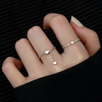silver color unique design love heart hanging chain finger ring for women girls adjustable circle geometric elegant charm rings