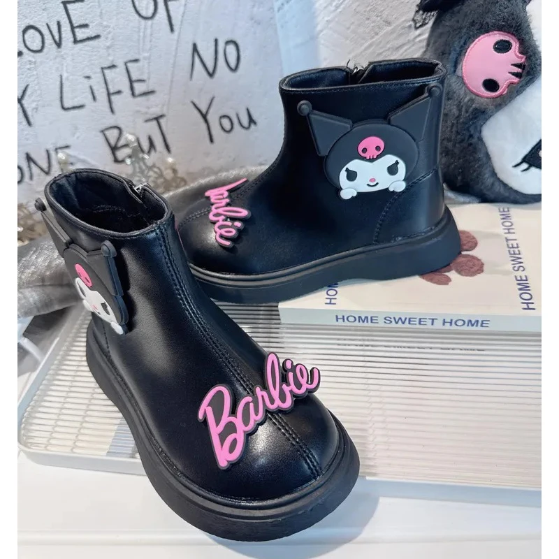 

Sanriod Anime Kuromi Girl Boots Cool Girl Autumn Winter Cotton Soft Side Zip Princess Round-Toe Pu Leather Shoes Martin Boots