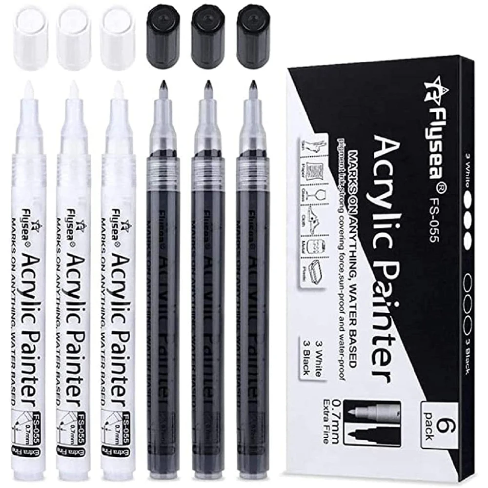 Acrylic Paint Pen White & Black, 0.7mm Acrylic Marker Set for Chalkboard, Wood, Plastic, Glass, Stone, Metal, Canvas, Ceramic
