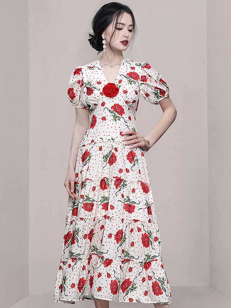 

Women Flower Print Dress 2023 Summer Fashion Designer V-Neck Short Sleeve Slim Dress Elegant Office Ladies Midi Vestidos