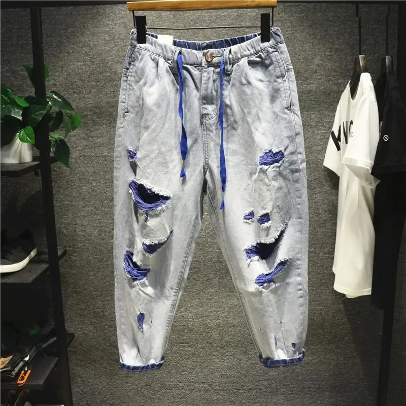 Spring and Summer New Men's Ripped Harem Pants Cropped Jeans Men's Loose Contrast Color Vulnerability Pants Cropped Pants
