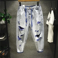 spring and summer new mens ripped harem pants cropped jeans mens loose contrast color vulnerability pants cropped pants