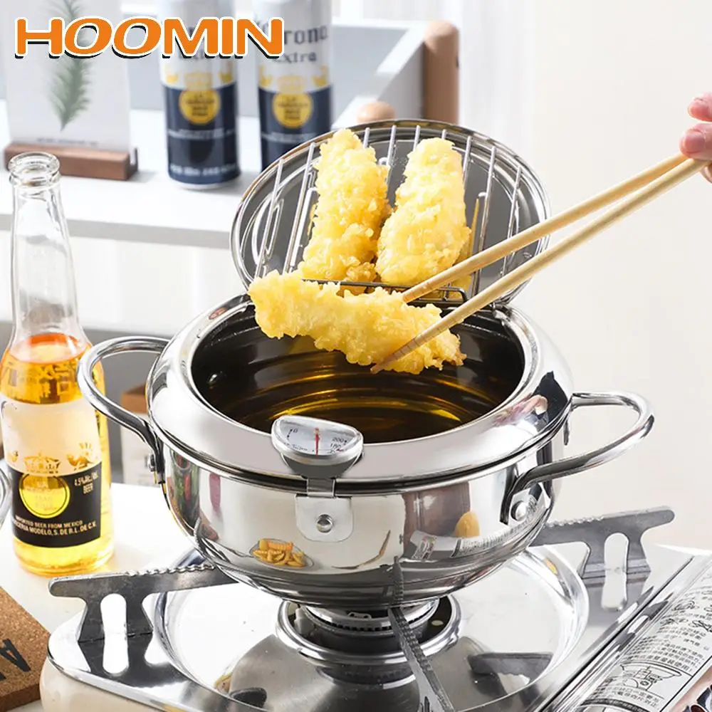

HOOMIN Tempura Fryer Pan 2.2L Deep Frying Pot Japanese Style Cooking Tool 2 Handles With Thermometer and Lid 304 Stainless Steel
