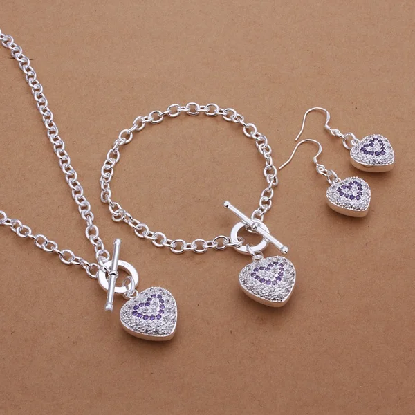 Fine 925 stamped silver Wedding Valentine's Day gift noble crystal necklace bracelets Heart earrings fashion jewelry Set S372