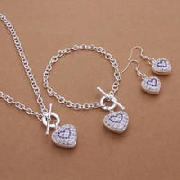 fine 925 stamped silver wedding valentines day gift noble crystal necklace bracelets heart earrings fashion jewelry set s372