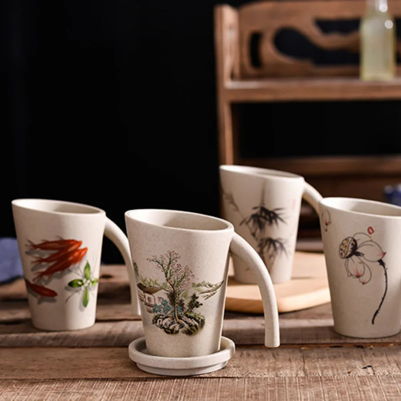 

Креативная керамическая чашка в стиле ретро с ручкой и крышкой, кофейная кружка, бытовые простые чашки для завтрака, молока, овса, чая, кухон...