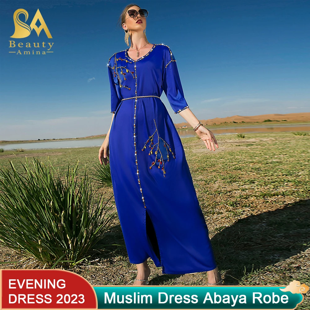 Muslim Sets Long Dress Sapphire Satin Sleeve Long Dress Dubai Travel Evening Dress Abaya Robe Wedding Dressds For Women 2022