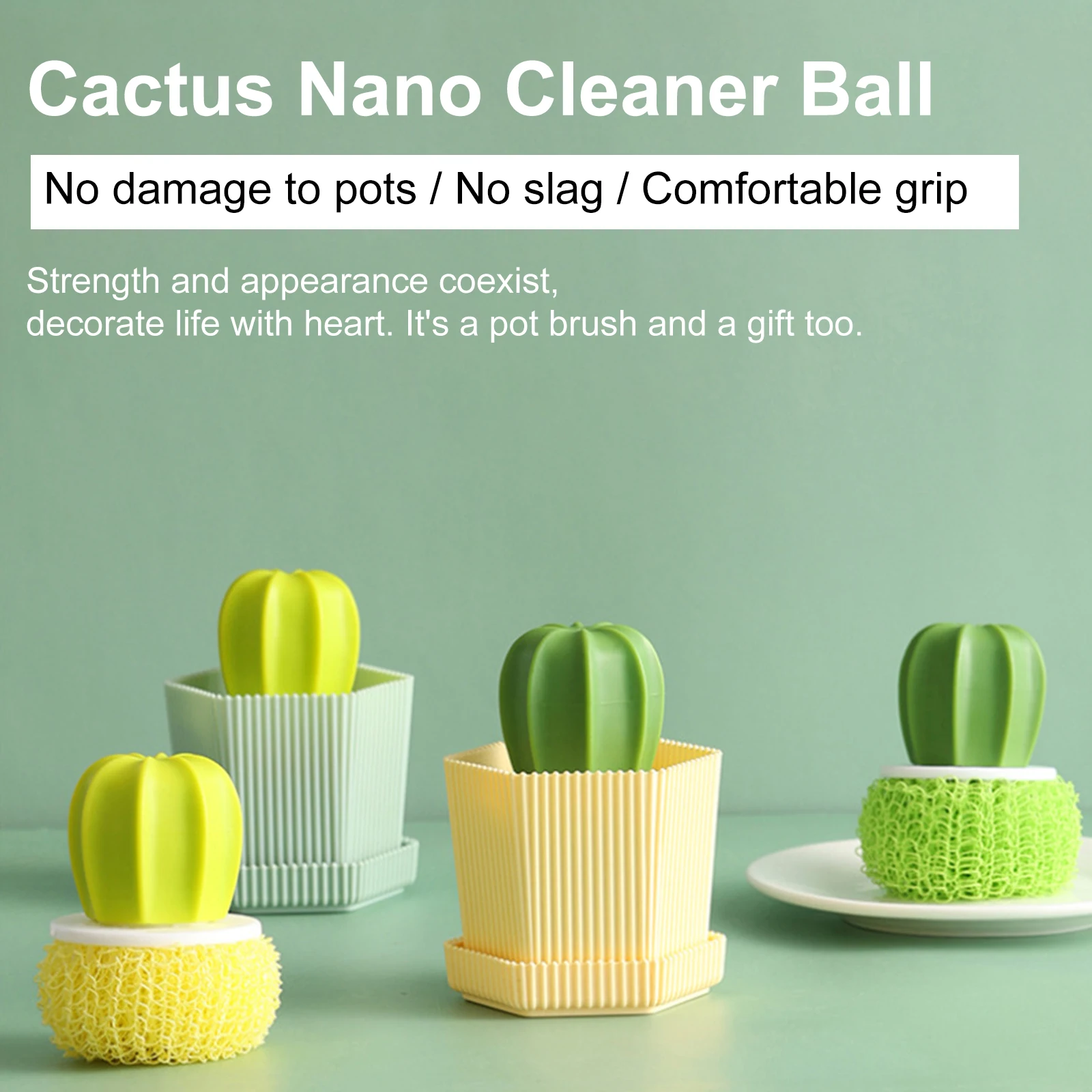 

Щетка для кастрюль в форме кактуса, щетка для чистки с градиентом и шариком, щетка для горшка, аксессуары для кухни, инструмент для чистки